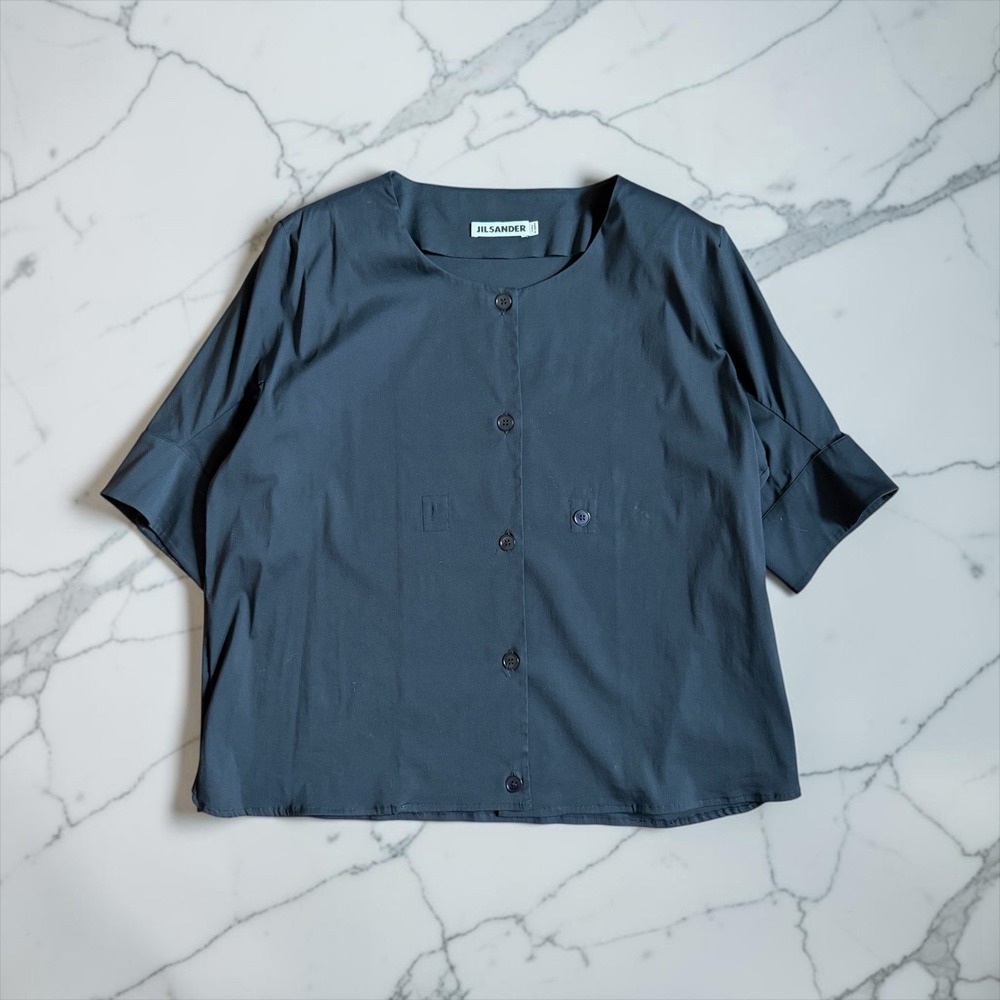 Jil Sander Italy Blue Black Stretch Button Blouse 90s Minimalist Size 42